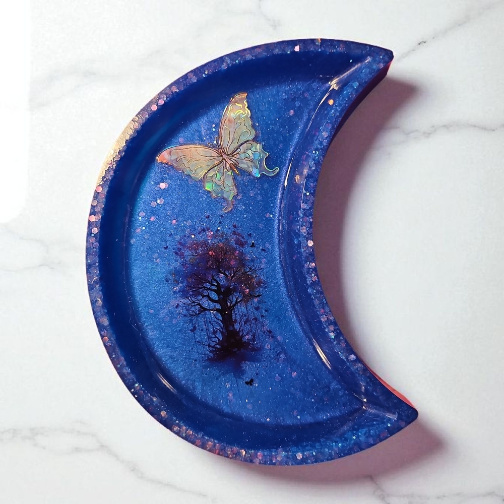 Blue Crescent Moon Tray with Butterfly Design